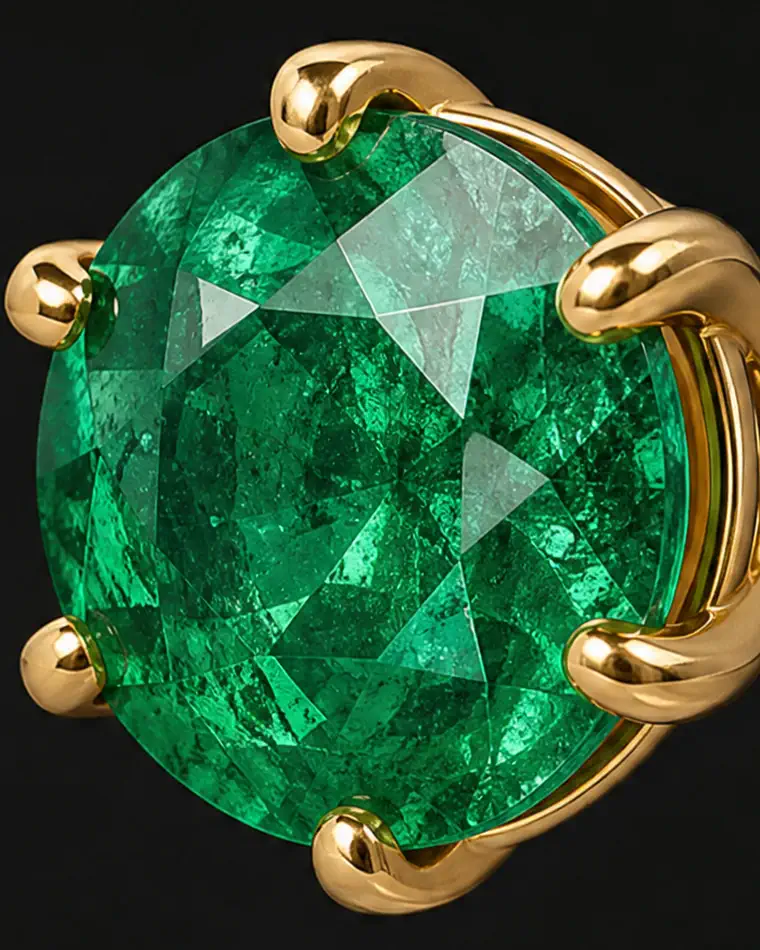Manos del engastador cerrando las seis garras de oro sobre la esmeralda